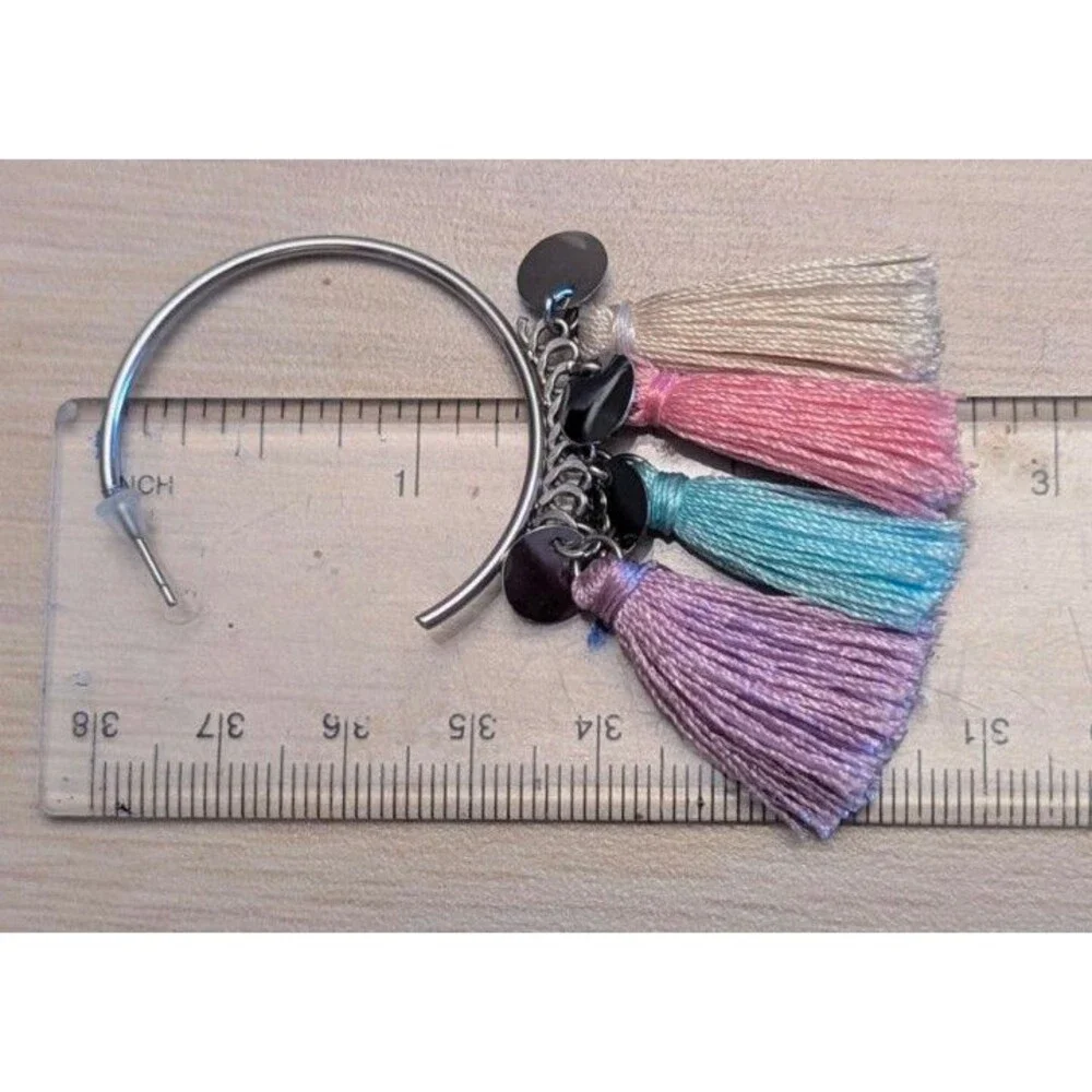 Kinsley Armelle Multi Colored Tassels Silver Metal Hoops Pierced Earrings